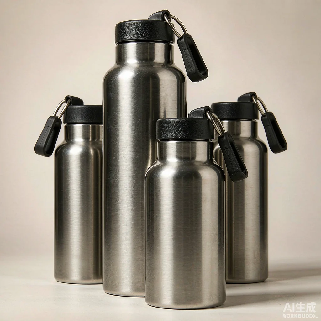 Stainless steel vacuum insulated water bottles in various sizes on a studio background